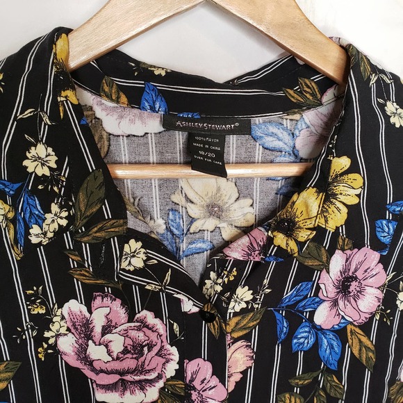 ASHLEY STEWART Black stripe floral button down long sleeve dress 18/20 - Picture 4 of 9